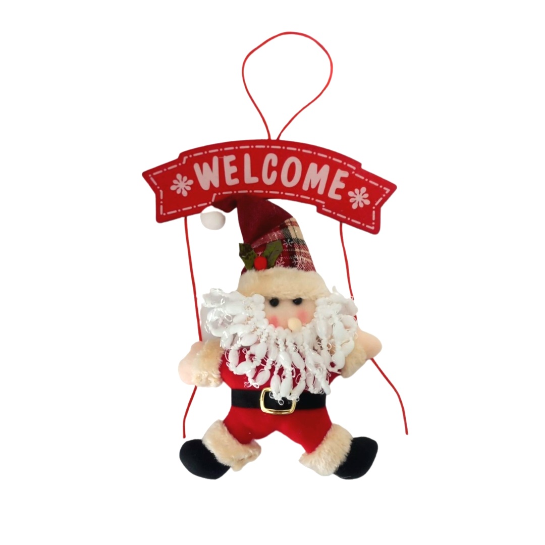 Χριστουγεννιάτικη Κρεμαστή Ταμπέλα Welcome Χιονάνθρωπος/Άη Βασίλης Λούτρινος 30cm