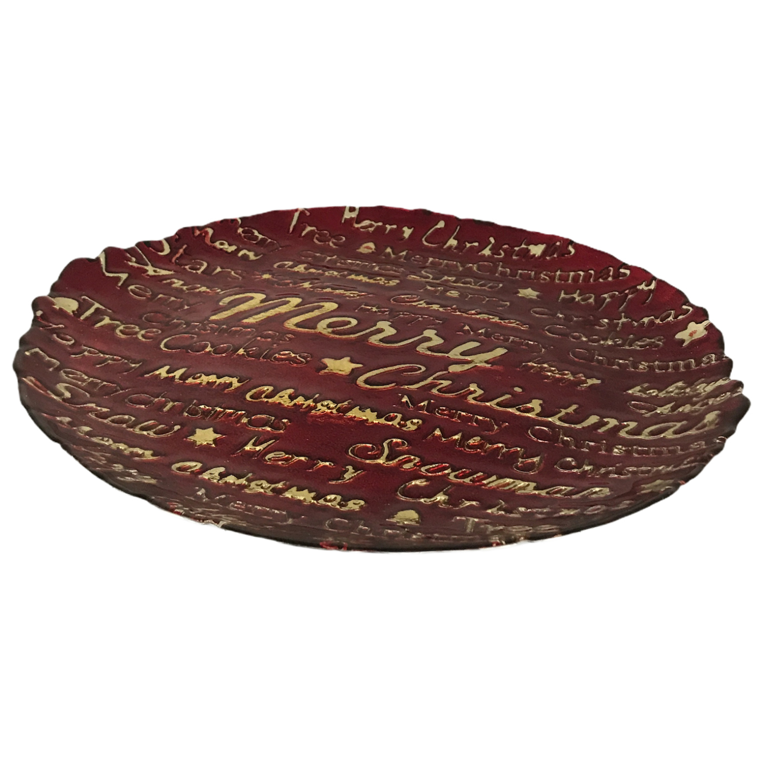 Χριστουγεννιάτικη Πιατέλα Διακοσμητική Γυάλινη Κόκκινα Με Χρυσά Γράμματα 33cm