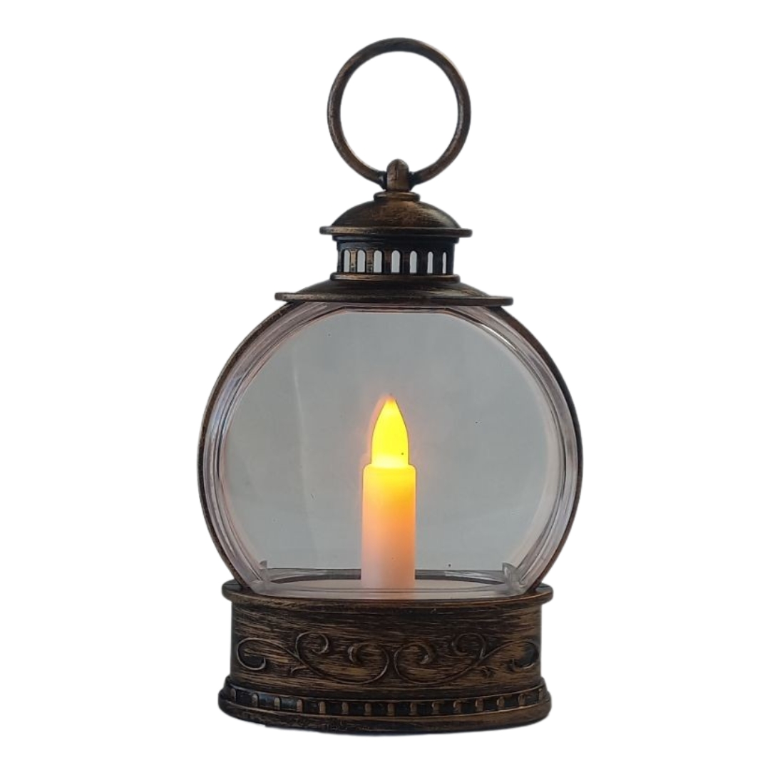 Χριστουγεννιάτικο Διακοσμητικό Φανάρι Μπρονζέ Στρόγγυλο Κερί Led 9x3,6x12,7cm