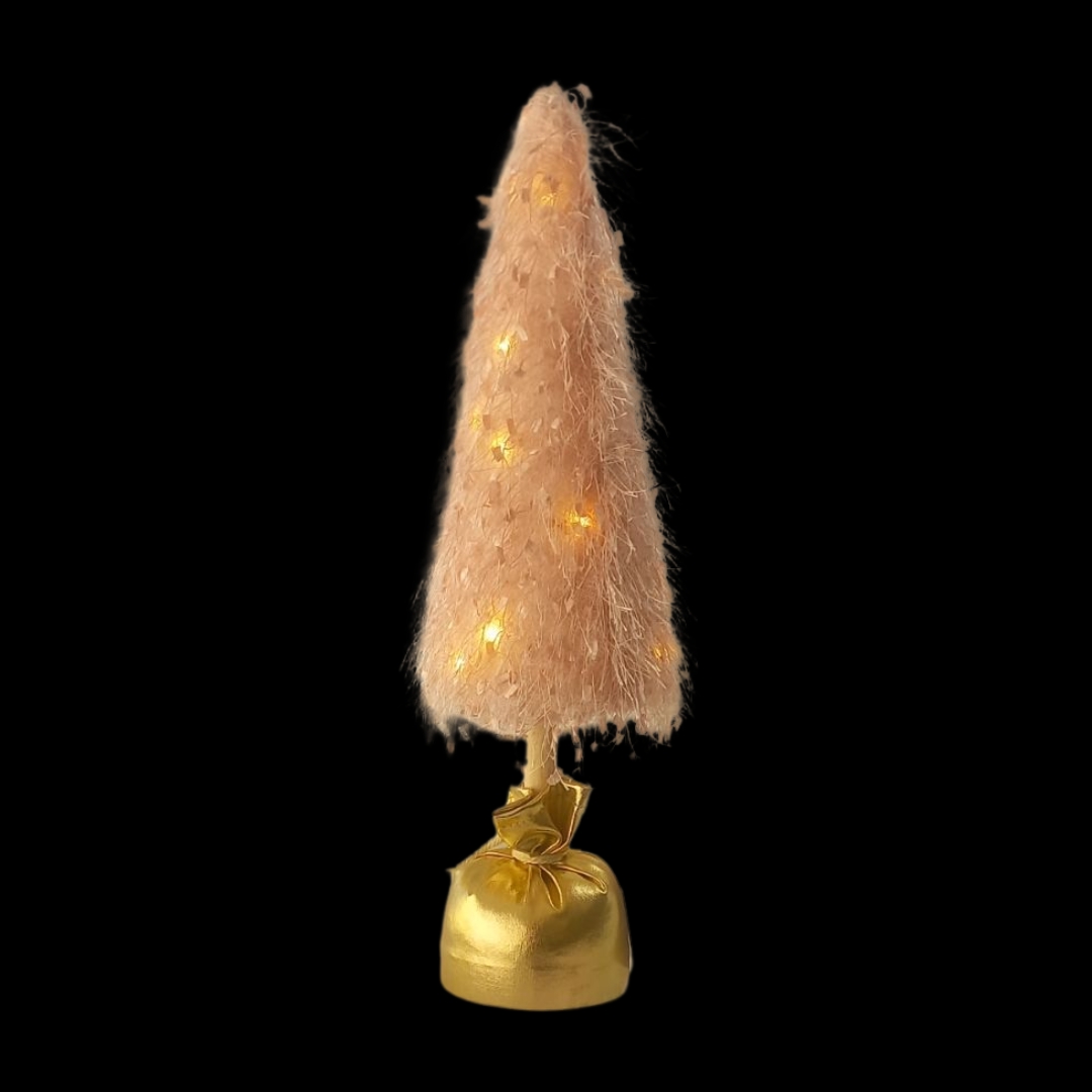 Χριστουγεννιάτικο Επιτραπέζιο Δεντράκι Ροζ Χρυσό Φως Βάση Τσουβαλάκι 8x8x32cm