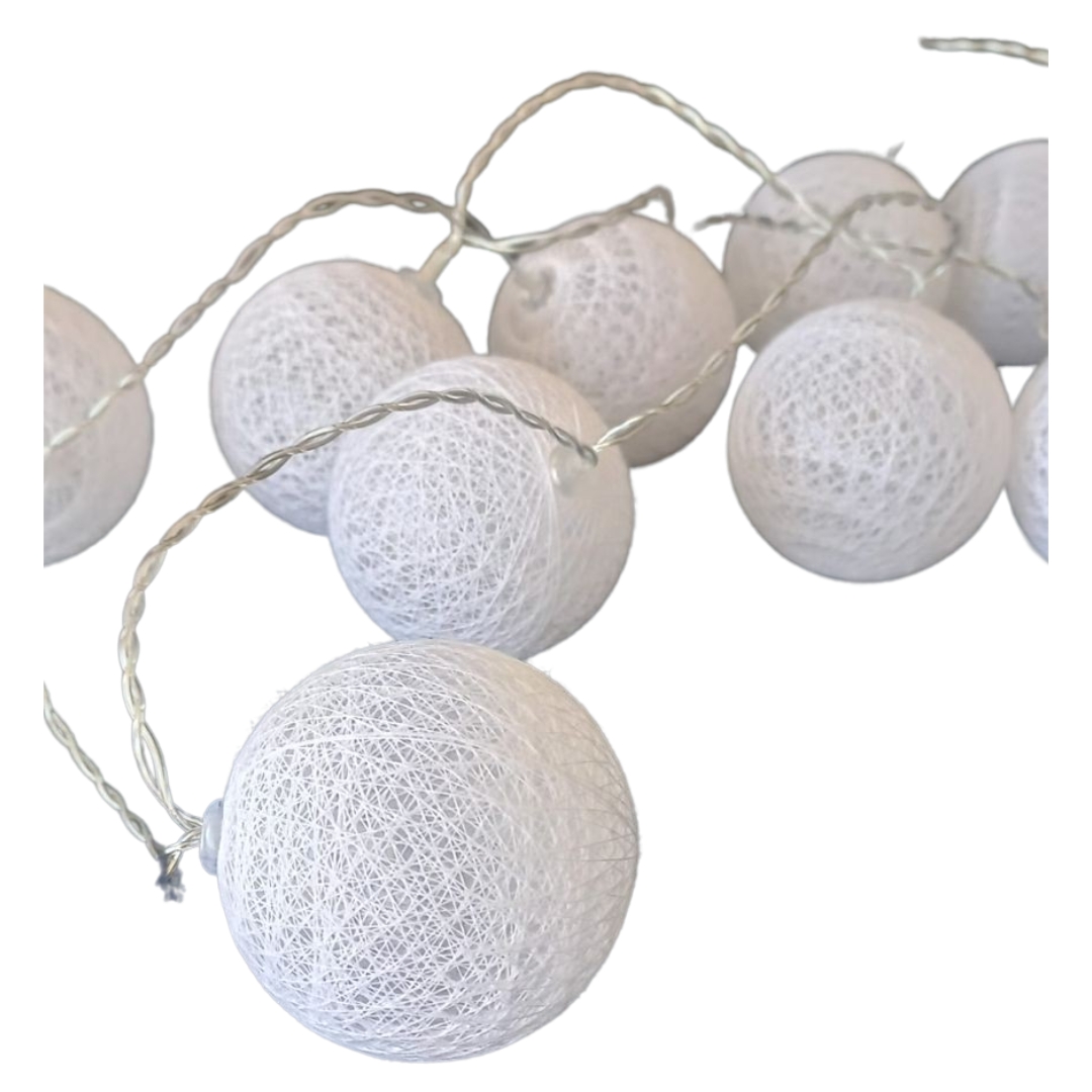 10 Διακοσμητικά Λαμπάκια Led Μπαταρίας Μπάλες 6cm Λευκή Δαντέλα 1,35m