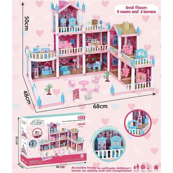 Κουκλόσπιτο DIY 3όροφο Με Έπιπλα & Φως