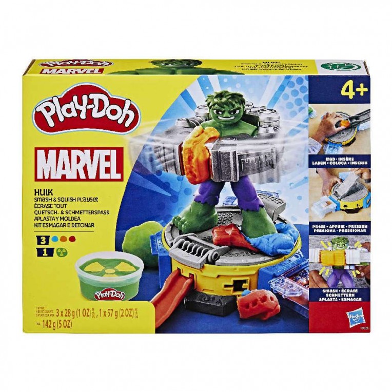 Play-Doh Marvel Hulk Smash & Squish Σετ Παιχνιδιού με 1 Φιγούρα και 4 Βαζάκια (F9826)