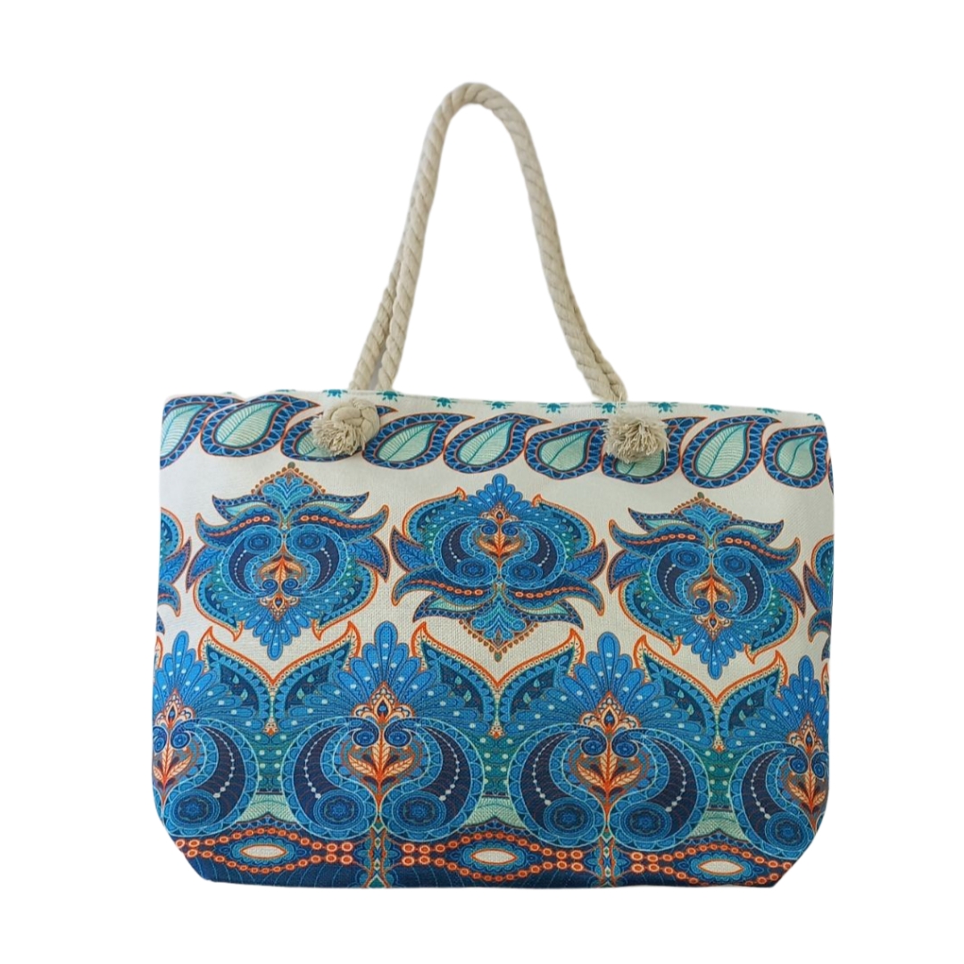 Τσάντα Θαλάσσης Im Linen Ehnic Λευκή Με Μπλέ Σχέδια 52x38x15cm