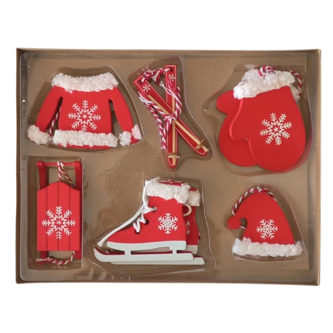 Χριστουγεννιάτικα Στολίδια Δέντρου Σετ Ξύλινα Κόκκινα Διάφορα Σχέδια 22x17x2cm 12τμχ