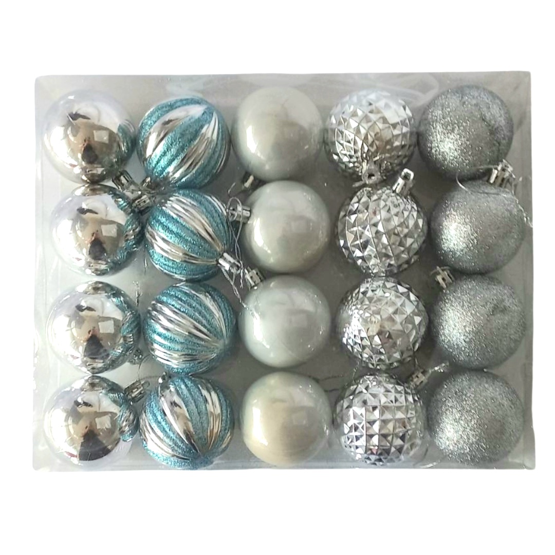 Χριστουγεννιάτικες Μπάλες Σετ Ασημί Γυαλιστερές Glitter Σχέδια 6cm 20τμχ