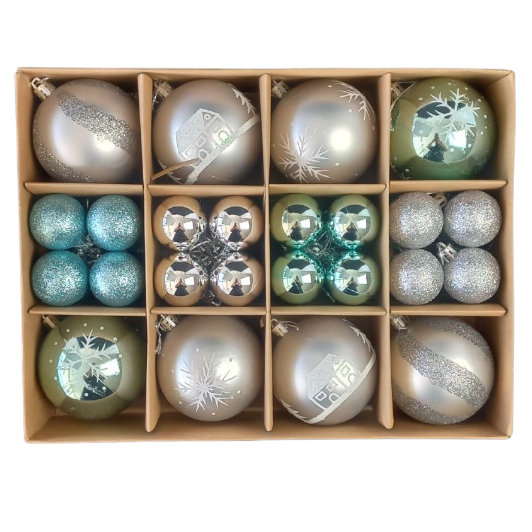 Χριστουγεννιάτικες Μπάλες Σετ Ασημί-Σιελ Γυαλιστερές Glitter Σχέδια 4-8cm 40τμχ