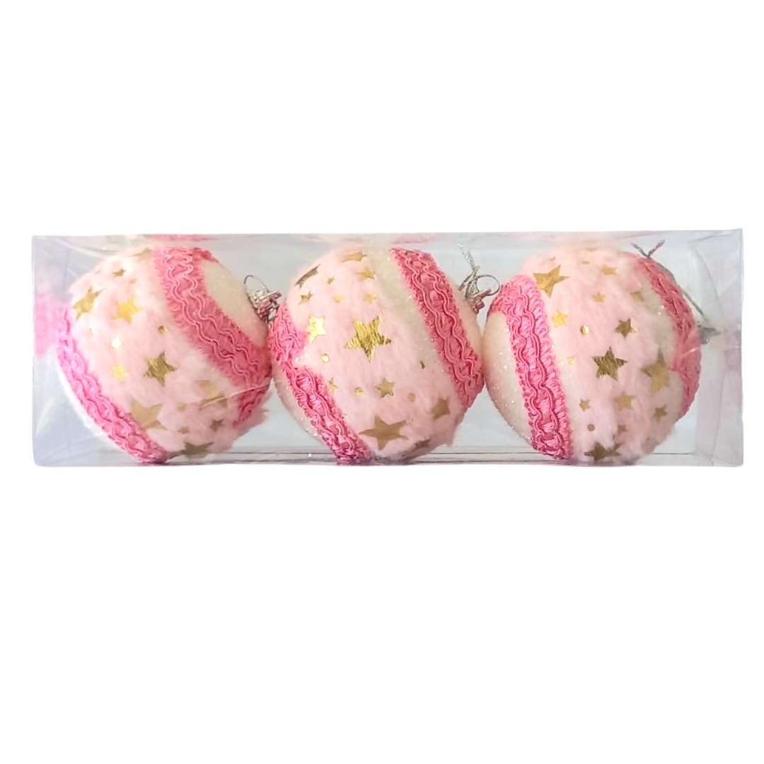 Χριστουγεννιάτικες Μπάλες Σετ Λευκό Glitter Ροζ Γουνάκι Αστέρια 8cm 3τμχ
