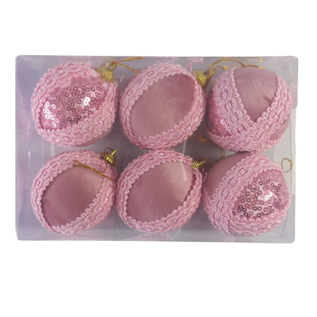 Χριστουγεννιάτικες Μπάλες Σετ Rose Gold / Κόκκινες Δαντέλα Glitter Πούλιες 6cm 6 τμχ 2 Χρώματα