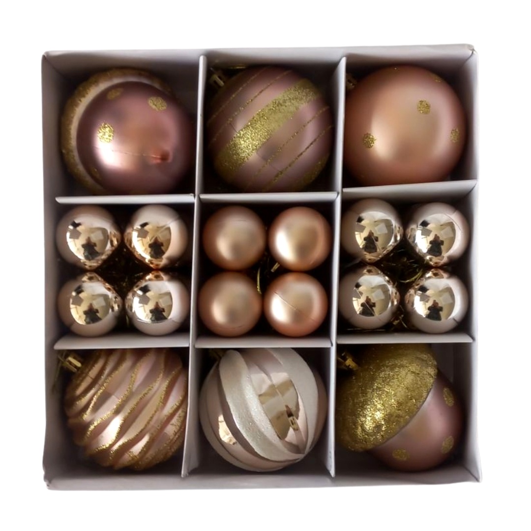 Χριστουγεννιάτικες Μπάλες Σετ Rose Gold Χρυσές Ματ Γυαλιστερές Glitter Σχέδια 4-8cm 30τμχ