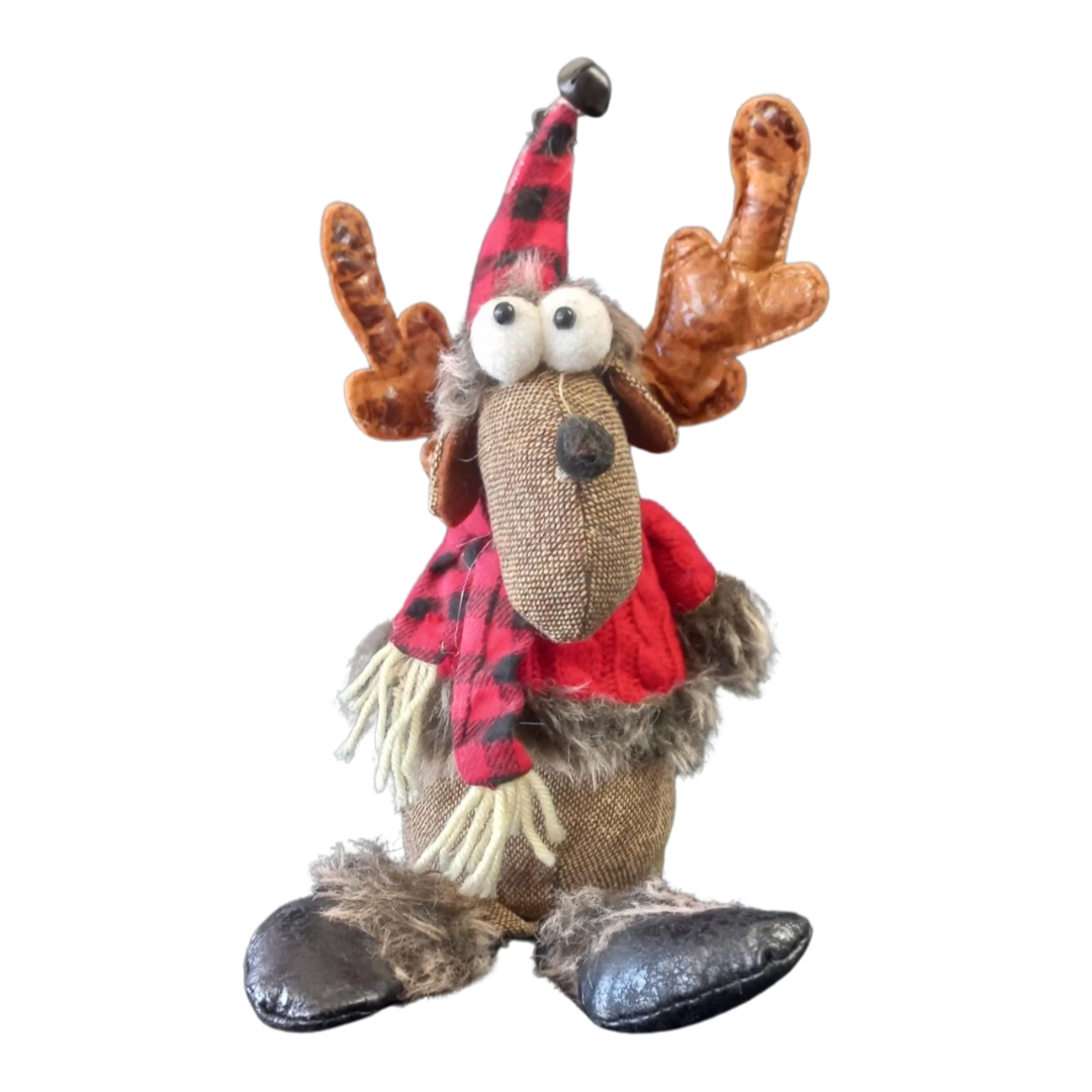 Χριστουγεννιάτικη Διακοσμητική Φιγούρα Τάρανδος Σκούφος Κασκόλ Ριγέ Κόκκινο-Μαύρο 33cm