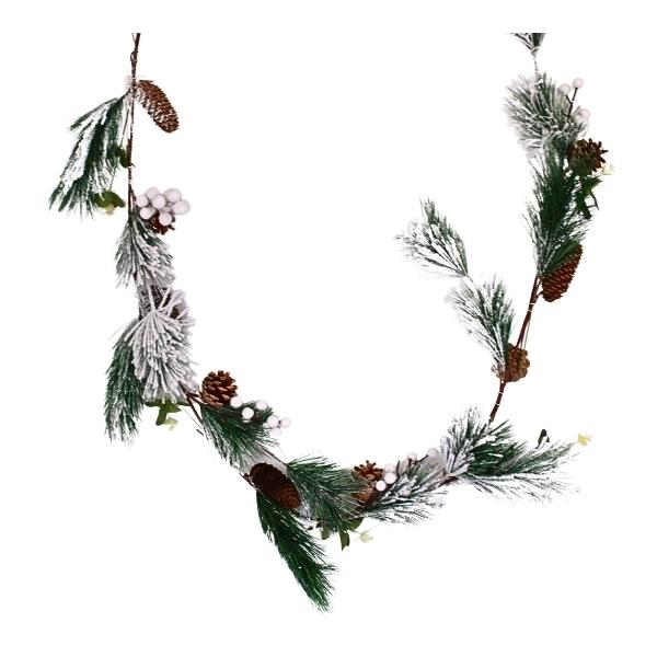 Χριστουγεννιάτικη Διακοσμητική Γιρλάντα Χιονισμένη Με Κουκουνάρια Και Λευκούς Καρπούς 163cm