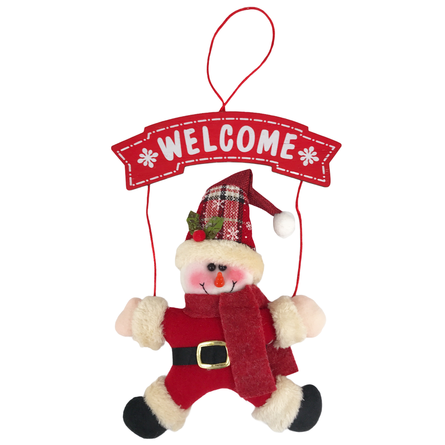 Χριστουγεννιάτικη Κρεμαστή Ταμπέλα Welcome Χιονάνθρωπος/Άη Βασίλης Λούτρινος 30cm