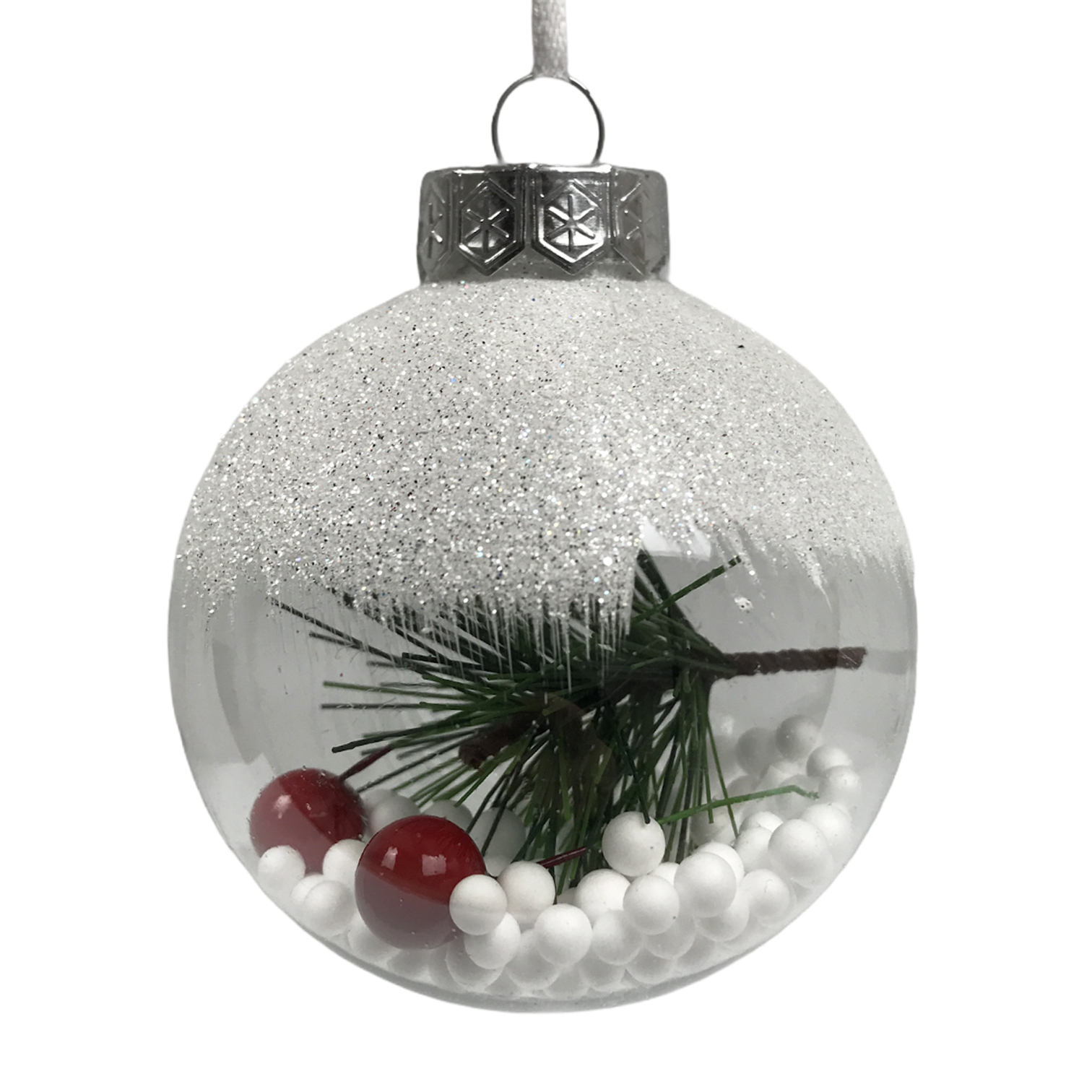 Χριστουγεννιάτικη Μπάλα Διάφανη Λευκό Glitter Χιόνι Berries 8cm