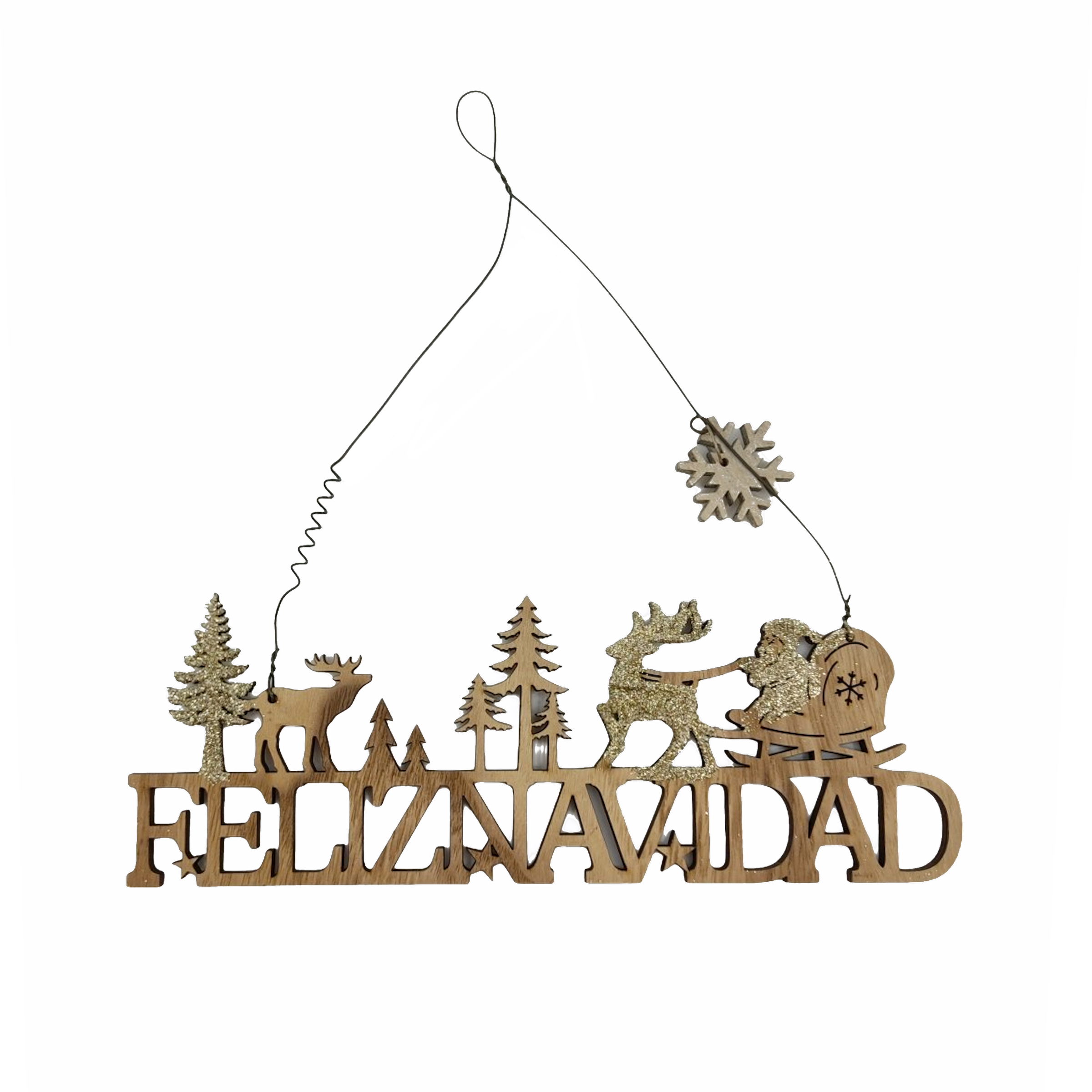 Χριστουγεννιάτικη Κρεμαστή Ταμπέλα Feliz Navidad Έλκηθρο Χρυσό Glitter 11x10,5x1cm