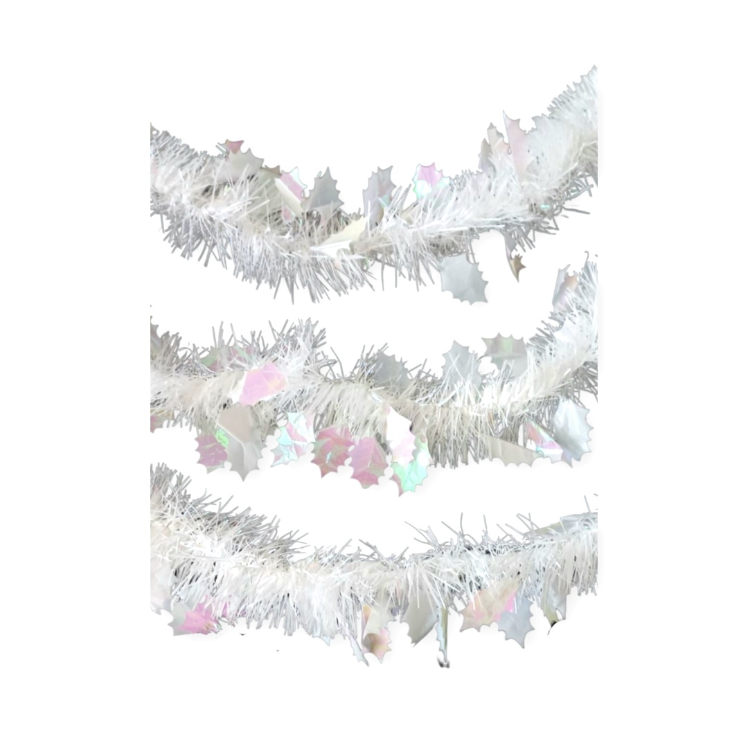 Χριστουγεννιάτικη Τρέσα 9cm Λευκή Φύλλα Ιριδίζουσα Tinsel 2m