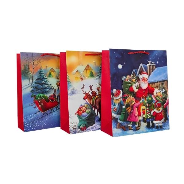 Χριστουγεννιάτικη Τσάντα Δώρου Χάρτινη Άγιος Βασίλης 4 Σχέδια 26x32x10cm