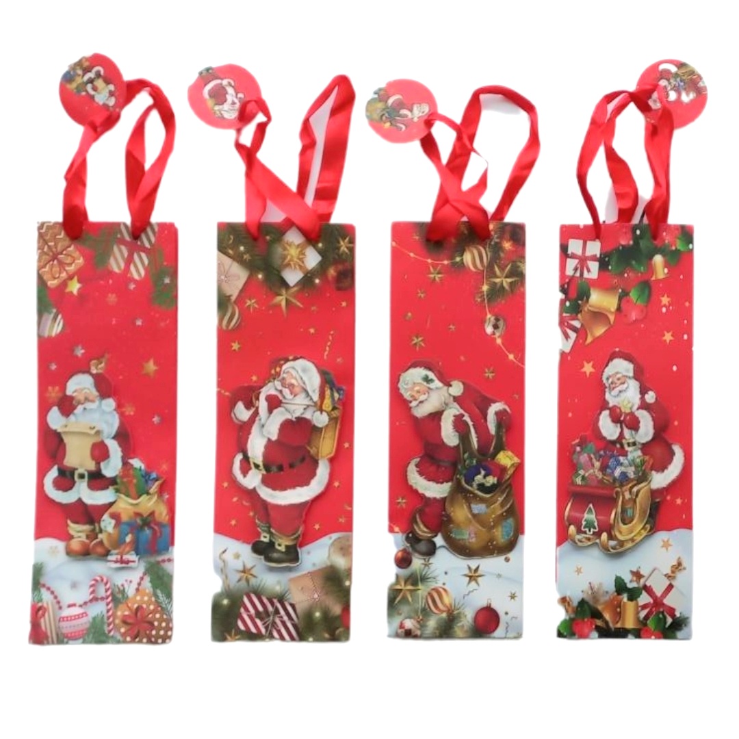Χριστουγεννιάτικη Τσάντα Δώρου Χάρτινη για Μπουκάλι Κόκκινη Άη Βασίλης 4 Σχέδια 12x10x36cm