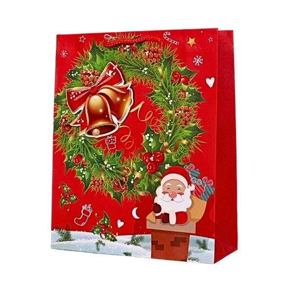 Χριστουγεννιάτικη Τσάντα Δώρου Χάρτινη 3D Κόκκινη Άγιος Βασίλης Με Στολίδια 4 Σχέδια 26x32x10cm