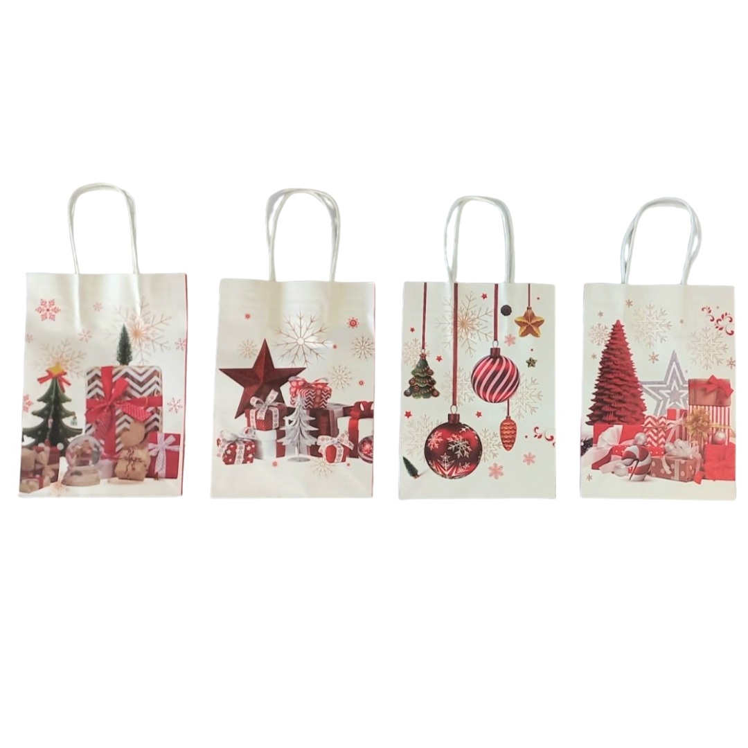 Χριστουγεννιάτικη Τσάντα Δώρου Kraft Λευκή Δώρα-Στολίδια 4 Σχέδια 15x8x21cm