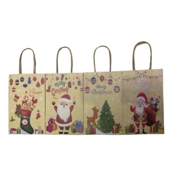 Χριστουγεννιάτικη Τσάντα Δώρου Kraft Μπεζ Merry Christmas  4 Σχέδια 26x12x33cm