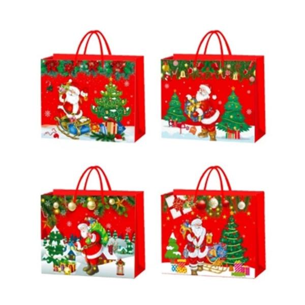 Χριστουγεννιάτικη Τσάντα Δώρου Χάρτινη Οριζόντια Κόκκινη Αη Βασίλης 4 Σχέδια 35x11x26cm
