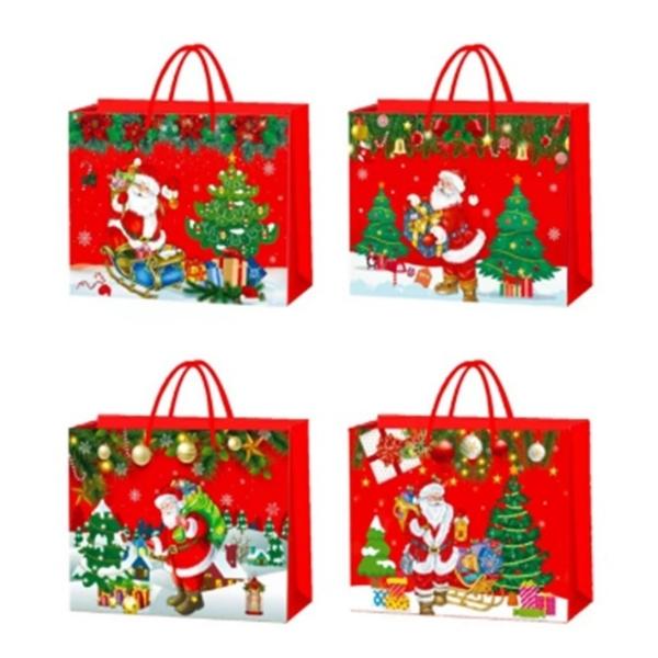 Χριστουγεννιάτικη Τσάντα Δώρου Χάρτινη Οριζόντια Κόκκινη Αη Βασίλης 4 Σχέδια 42x14x31cm