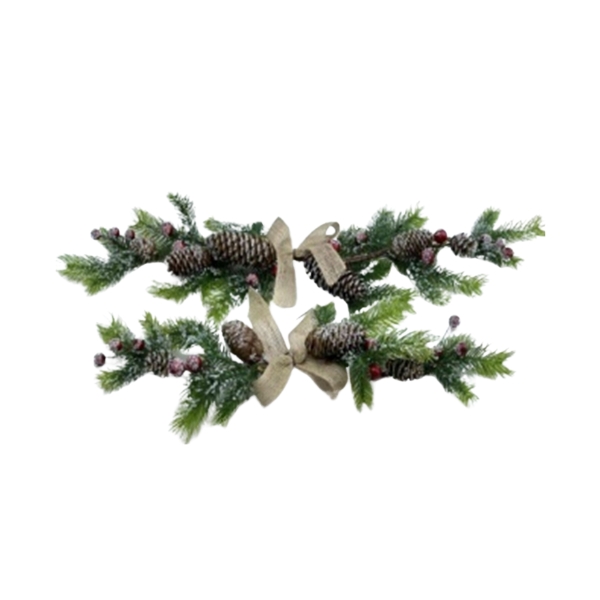 Χριστουγεννιάτικο Διακοσμητικό Κλαδί Έλατο Χιονισμένο Με Φιόγκο, Κουκουνάρια, Καρπούς 55cm