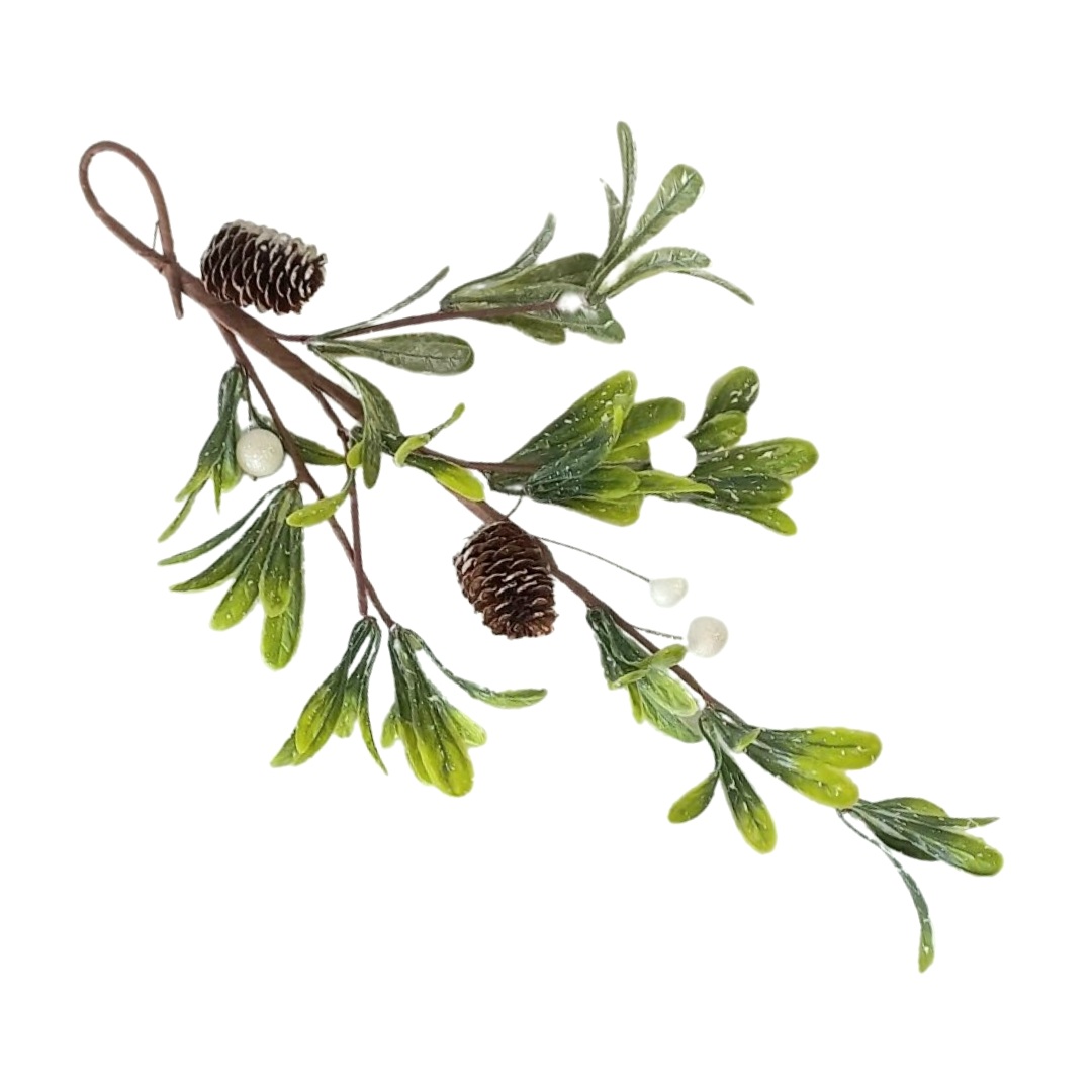 Χριστουγεννιάτικο Διακοσμητικό Κλαδί Φύλλα Χιονισμένα Λευκοί Καρποί Κουκουνάρια 40cm