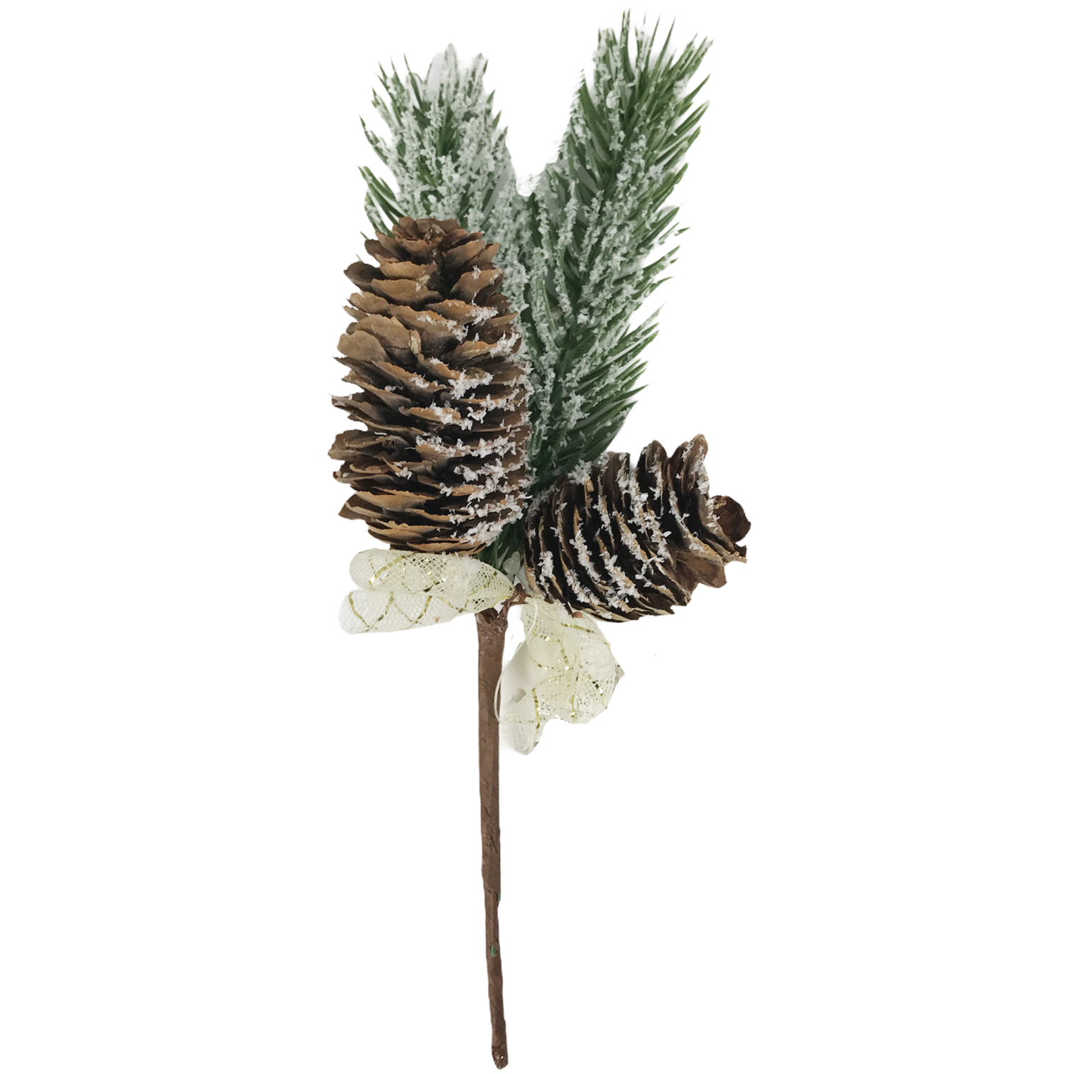 Χριστουγεννιάτικο Διακοσμητικό Κλαδί Πράσινο Κουκουνάρι Λευκή Κορδέλα Χιονισμένο 26cm