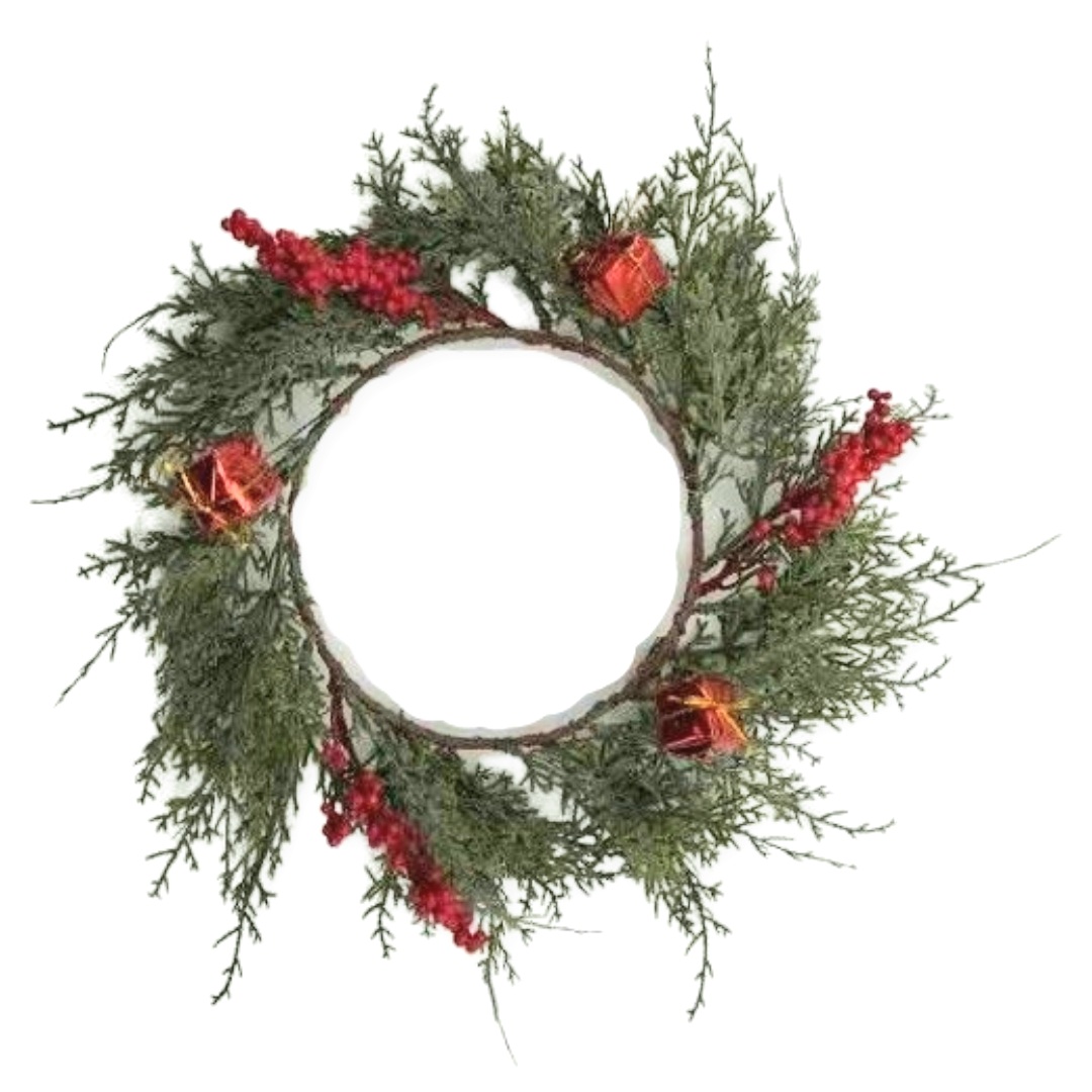 Χριστουγεννιάτικο Διακοσμητικό Στεφάνι Κλαδάκια Κόκκινοι Καρποί Δώρα 35CM
