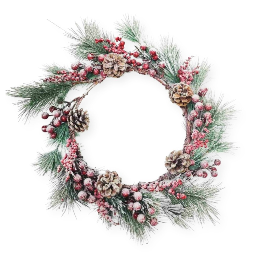 Χριστουγεννιάτικο Διακοσμητικό Στεφάνι Πράσινο Berries Κουκουνάρια Χιονισμένο 44cm