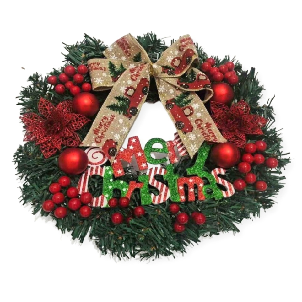 Χριστουγεννιάτικο Διακοσμητικό Στεφάνι Πράσινο Merry Christmas Κορδέλα Αυτοκινητάκι 36cm
