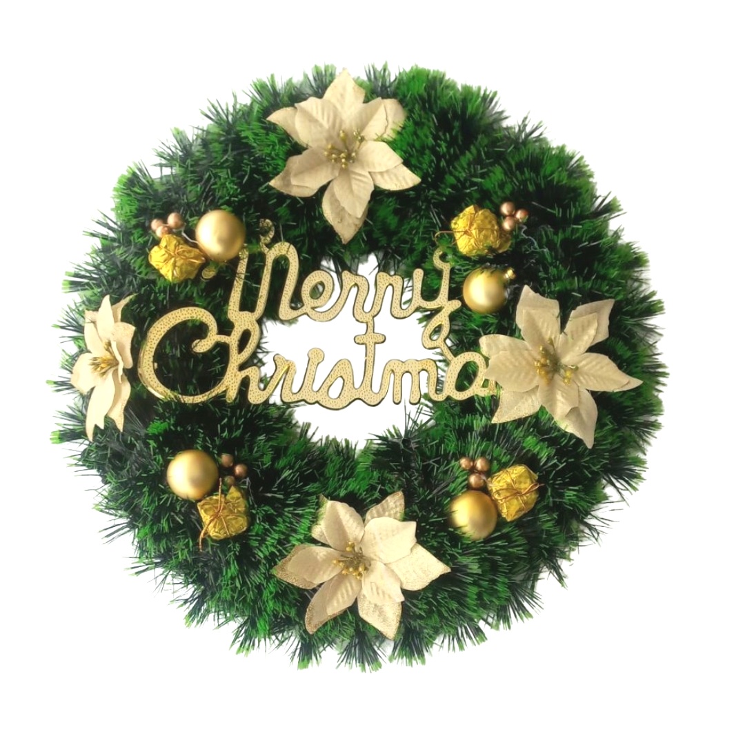 Χριστουγεννιάτικο Διακοσμητικό Στεφάνι Πράσινο Merry Christmas Μπεζ Αλεξανδρινά Χρυσά Στολίδια 45cm