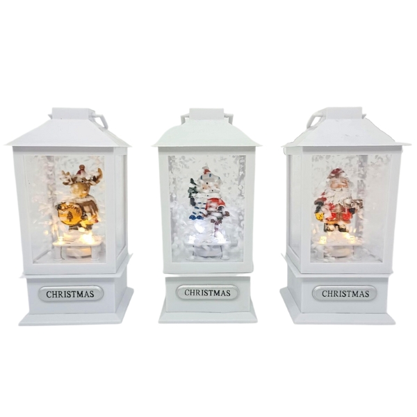 Χριστουγεννιάτικο Φανάρι Λευκό Με Φιγούρα, Μουσική & Φως 3 Σχέδια 9x9x19cm