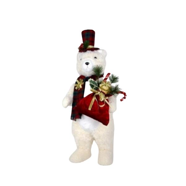 Χριστουγεννιάτικος Διακοσμητικός Αρκούδος Λευκός Με Σάκο Και Δώρα 25x30x71cm