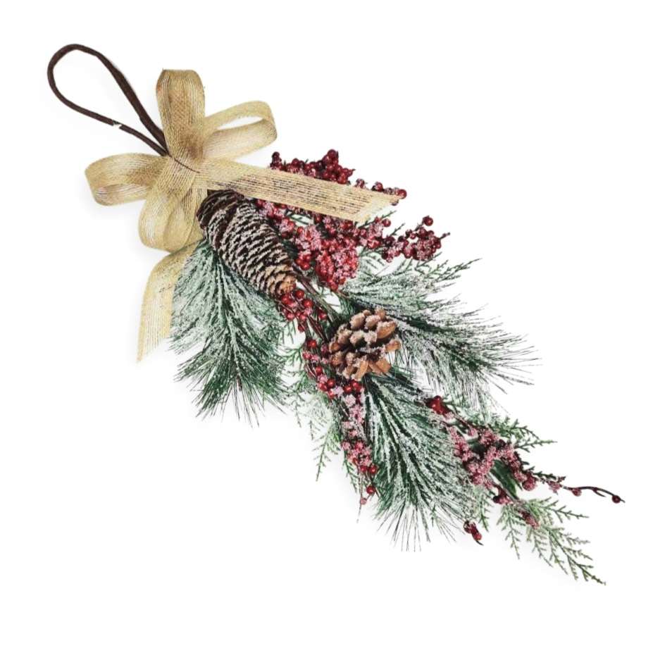 ΧΡΣ Διακοσμητικό Κλαδί Πράσινο Κρεμαστό Berries Μικρά Κουκουνάρια Κορδέλα Τσόχινη 66cm