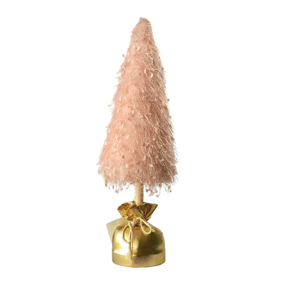 Χριστουγεννιάτικο Επιτραπέζιο Δεντράκι Ροζ Χρυσό Φως Βάση Τσουβαλάκι 11x11x38cm