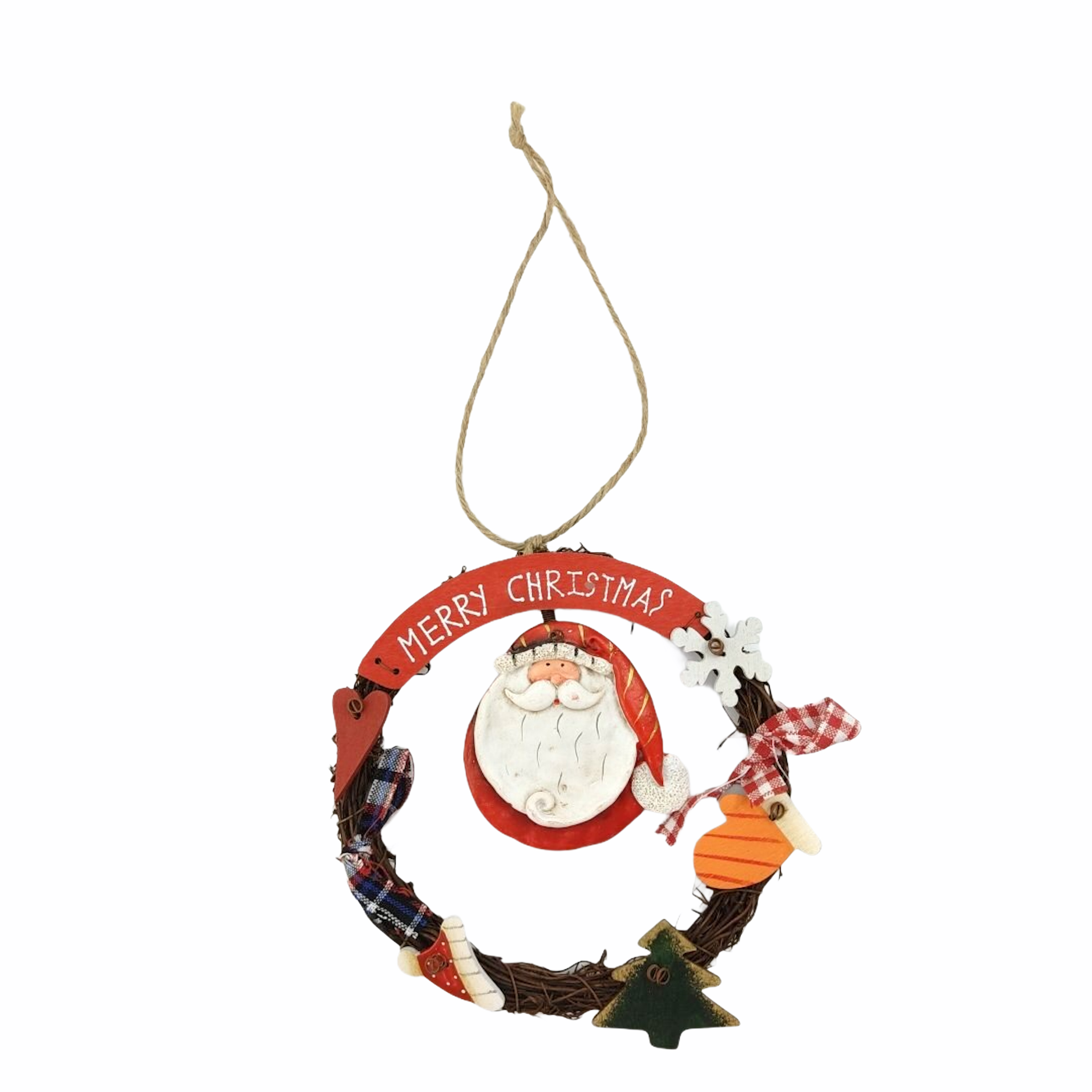 Χριστουγεννιάτικο Κρεμαστό Ξύλινο Στεφανάκι Άη Βασίλης 17x17cm