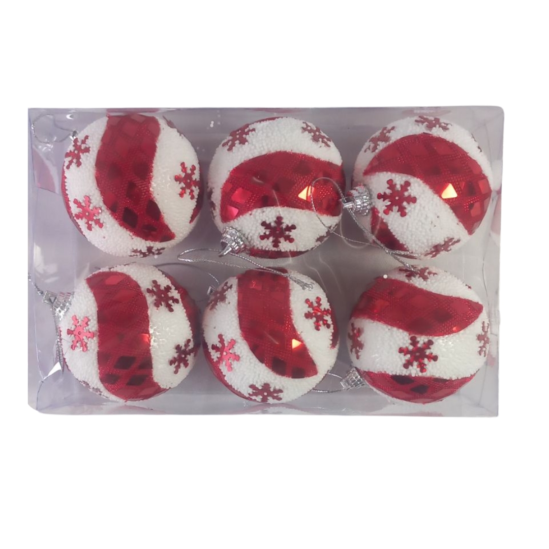 Χριστουγεννιάτικες Μπάλες Σετ Λευκές-Κόκκινες Χιονονιφάδα 6cm 6τμχ